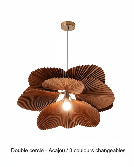 Lustre Ventilateur Papier Floral Fait Main - Double cercle - Acajou / 3 couleurs changeables