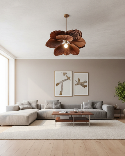 Lustre Ventilateur Papier Floral Fait Main - Double cercle - Acajou / 3 couleurs changeables