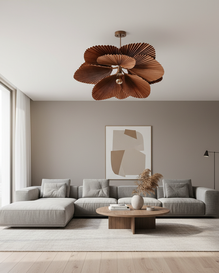 Lustre Ventilateur Papier Floral Fait Main - Double cercle - Acajou / Lumière