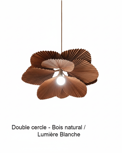 Lustre Ventilateur Papier Floral Fait Main - Double cercle - Bois naturel / Lumière Blanche