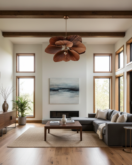 Lustre Ventilateur Papier Floral Fait Main - Double cercle - Bois naturel / Lumière Blanche