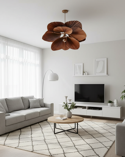 Lustre Ventilateur Papier Floral Fait Main - Double cercle - Bois naturel / Lumière naturelle