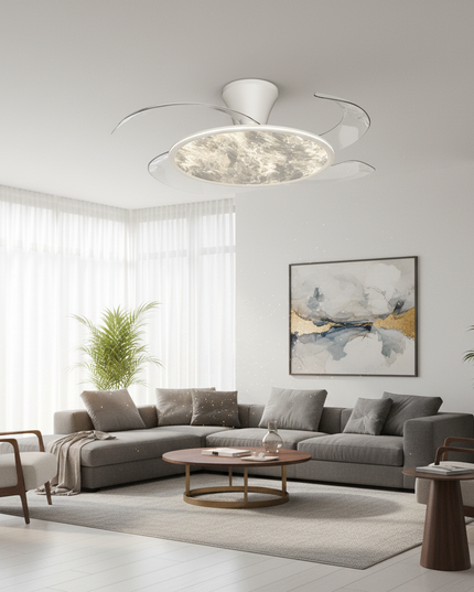 Lustre Ventilateur Rétractable Bois Ultra-fin Chambre - Blanc L 61 x 54 x 17 cm / variateur à distance