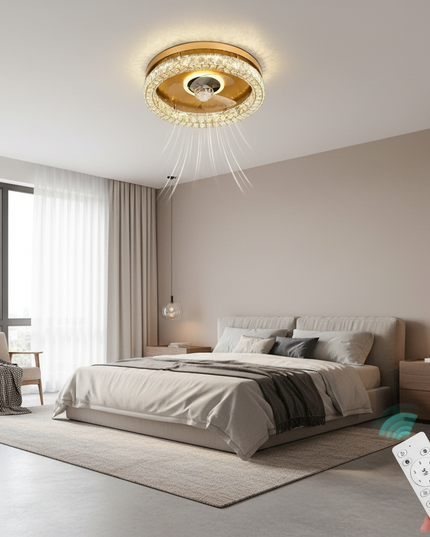 Lustre Ventilateur Rétractable Cristal Chrome LED - Ø 50 cm - H 56 cm / variateur RC 220 V / 110–240 V