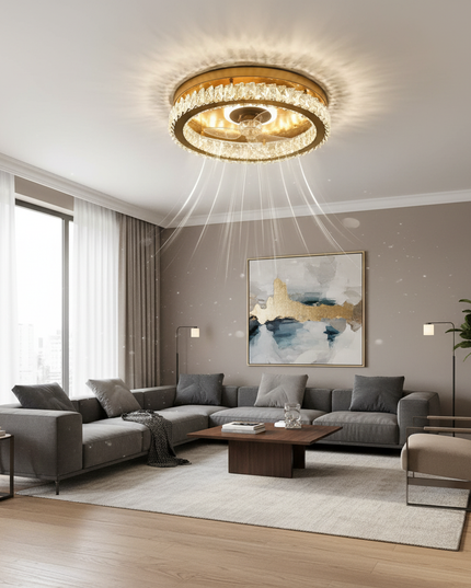 Lustre Ventilateur Rétractable Cristal Chrome LED - Ø 80 cm - H 52 cm (2 étages) / 2×30 W / 110–240 V