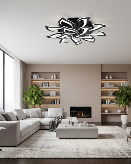 Lustre Ventilateur Rétractable Lotus Blanc - noir 14 pétales / Application avec variateur RC