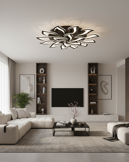 Lustre Ventilateur Rétractable Lotus Blanc - noir 18 pétales / Application avec variateur RC