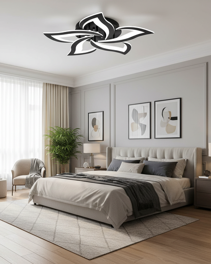 Lustre Ventilateur Rétractable Lotus Blanc - noir 5 pétales / Application avec variateur RC