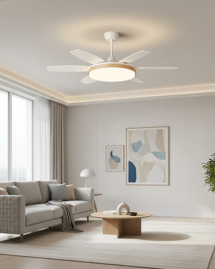 Lustre Ventilateur Rétro Crème Noyer LED - A - Blanc Ø 142 cm / Variation de luminosité