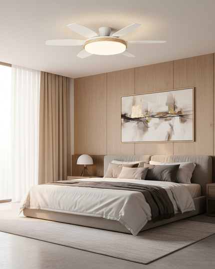 Lustre Ventilateur Rétro Crème Noyer LED - B - Blanc Ø 132 cm / Variation de luminosité