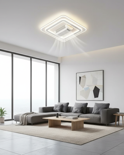 Lustre Ventilateur Sans Pales Noir LED Moderne - Carré 47 cm / Lumière tricolore | 220 V