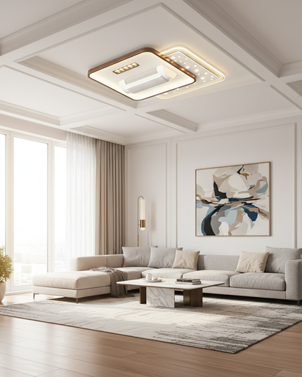 Lustre Ventilateur Silencieux Sans Pales LED Télécommande - Blanc & Finition Noyer / 6 têtes / 180–260 V