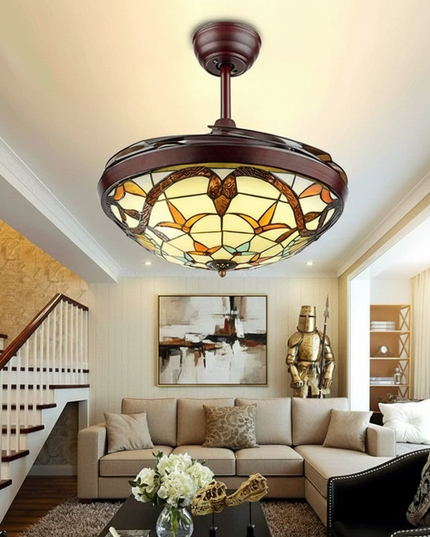 Lustre Ventilateur Tiffany Rétractable LED - Beige / 42 pouces / 220 V